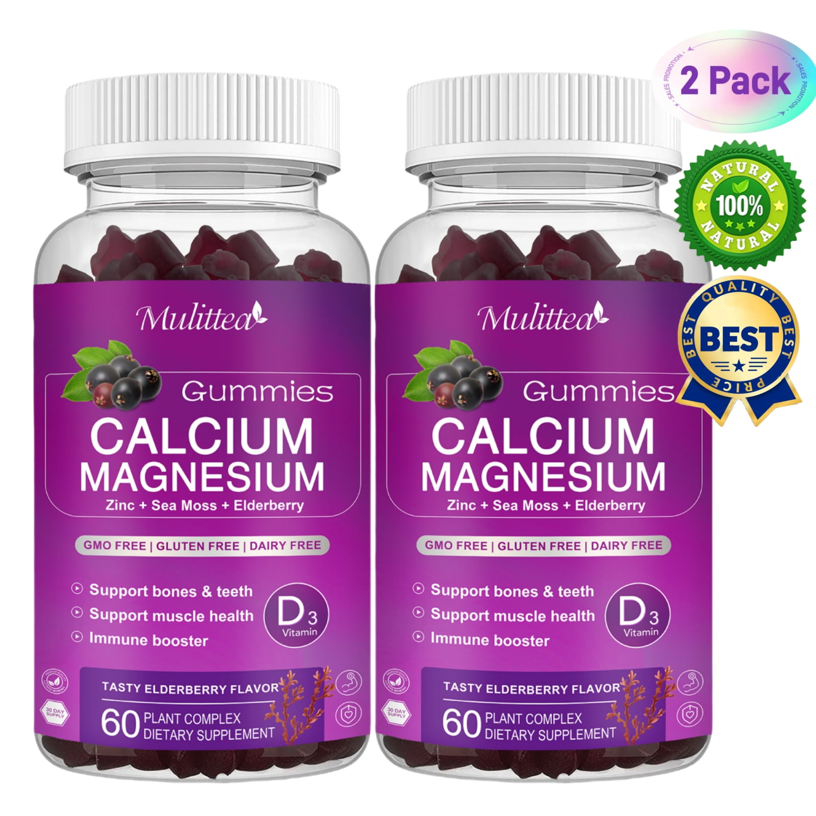 Multitea Calcium Magnesium Zinc Gummies with High Absorption Glycinate & D3 - Bone, Muscle, Sleep Support - 120 Gummies