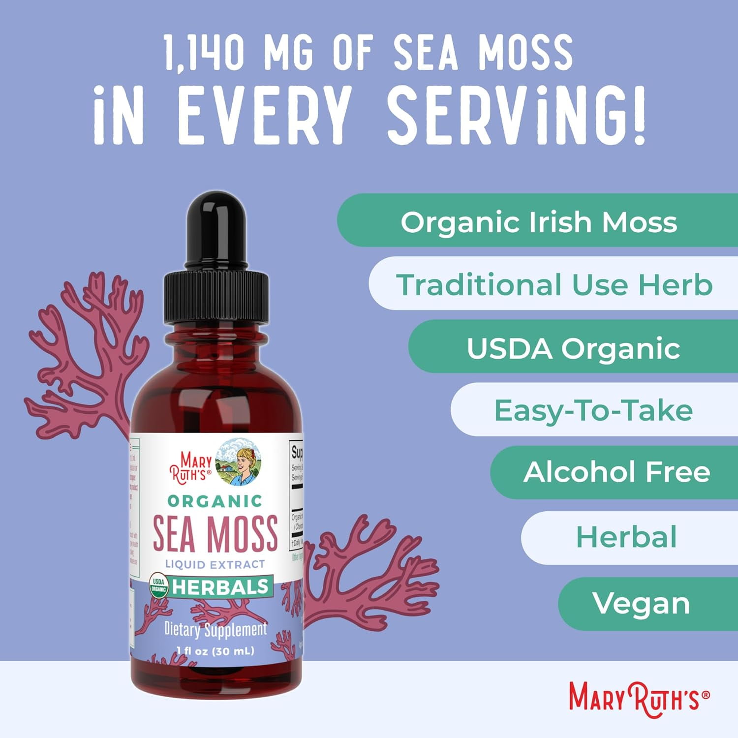 Mary Ruth's Organic Sea Moss Liquid Drops - Vegan & Sugar-Free - 1 fl oz