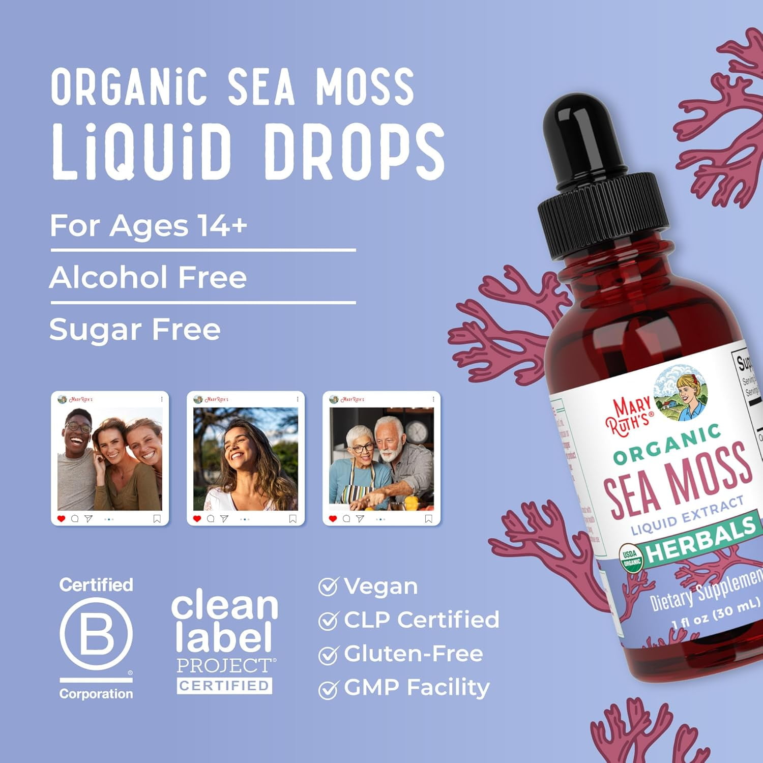 Mary Ruth's Organic Sea Moss Liquid Drops - Vegan & Sugar-Free - 1 fl oz