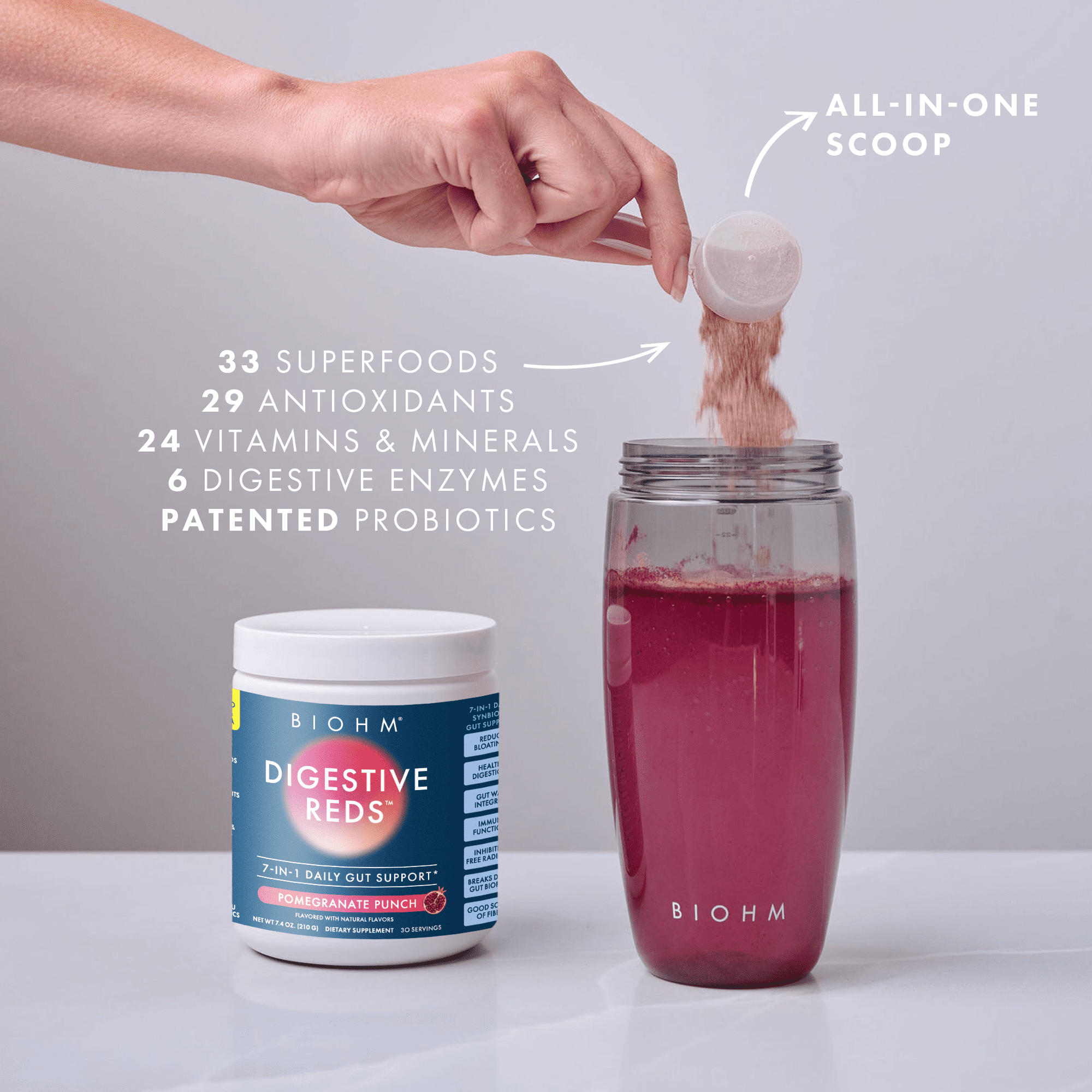 BIOHM Digestive Reds Probiotic Powder, Red Berry, 7.4 oz, 30 Servings