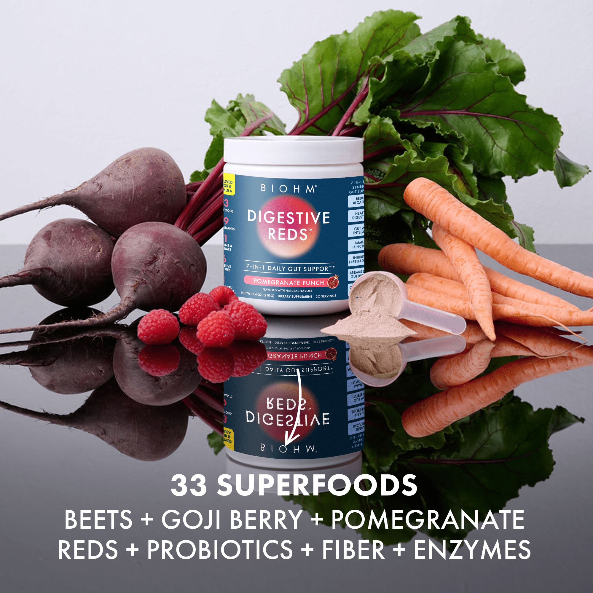 BIOHM Digestive Reds Probiotic Powder, Red Berry, 7.4 oz, 30 Servings