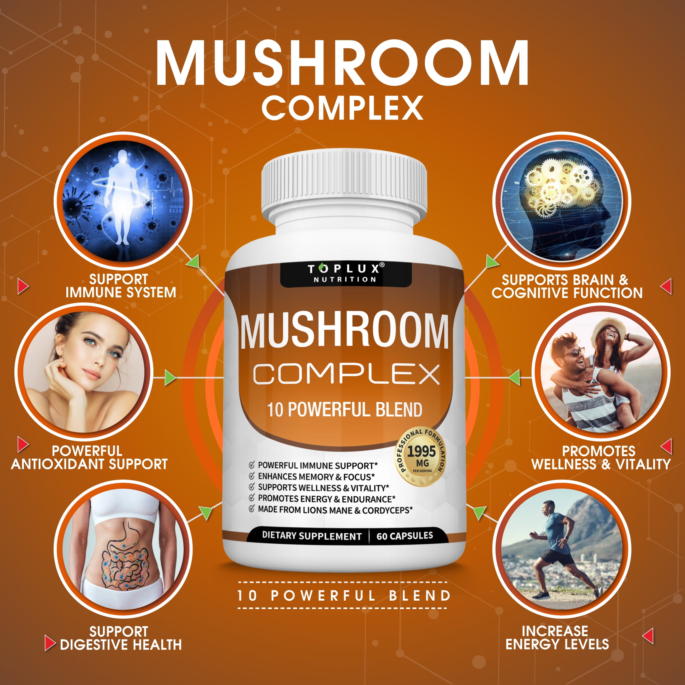 Toplux Mushroom Complex with Lion's Mane, Cordyceps, Reishi Nootropic - 60 Capsules (2 Pack)