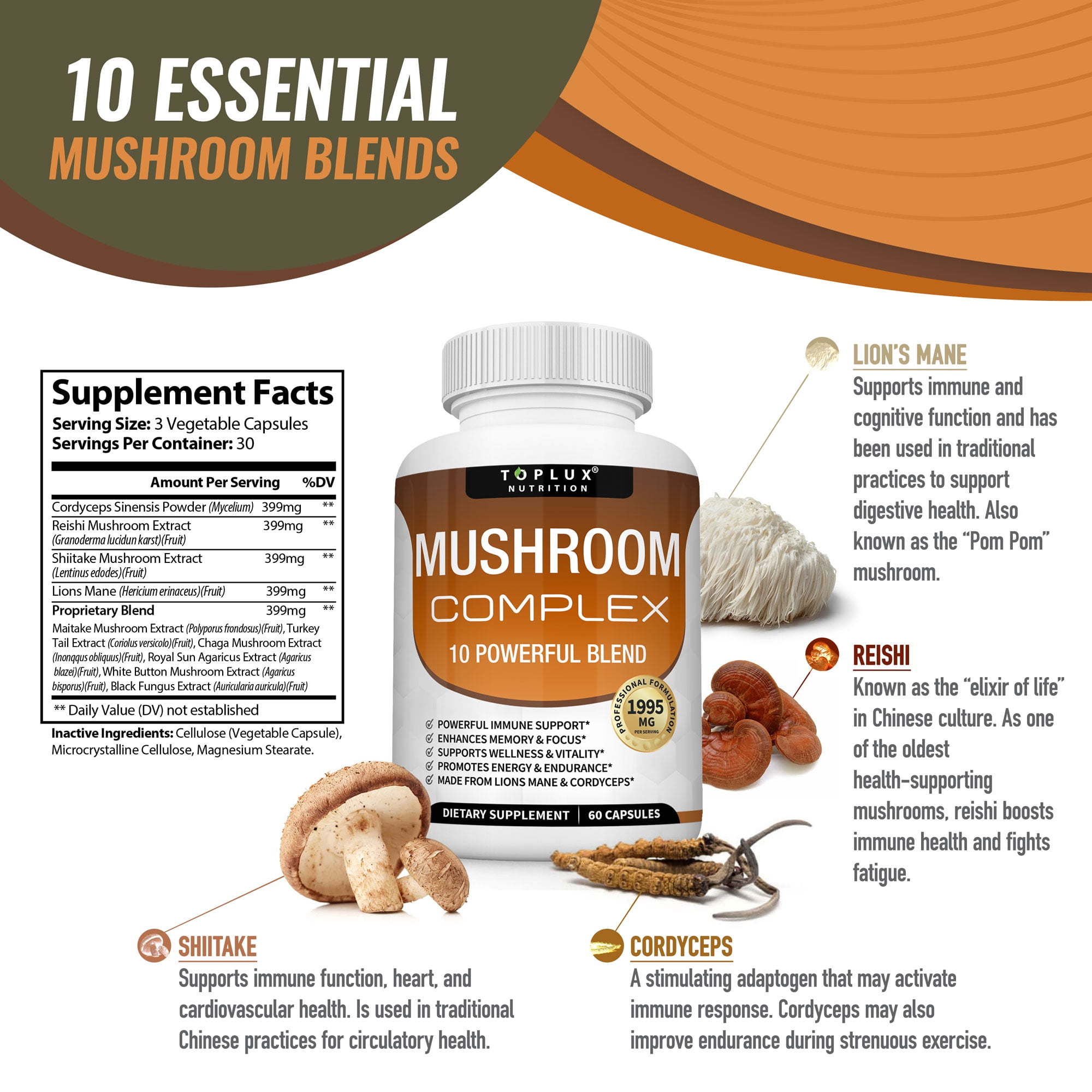 Toplux Mushroom Complex with Lion's Mane, Cordyceps, Reishi Nootropic - 60 Capsules (2 Pack)