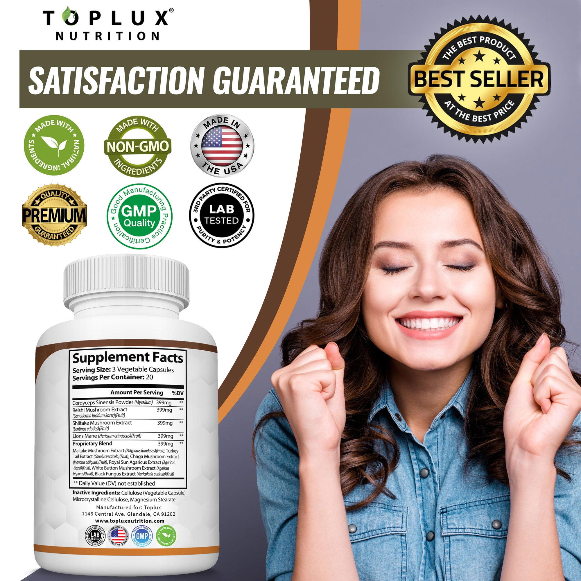 Toplux Mushroom Complex with Lion's Mane, Cordyceps, Reishi Nootropic - 60 Capsules (2 Pack)