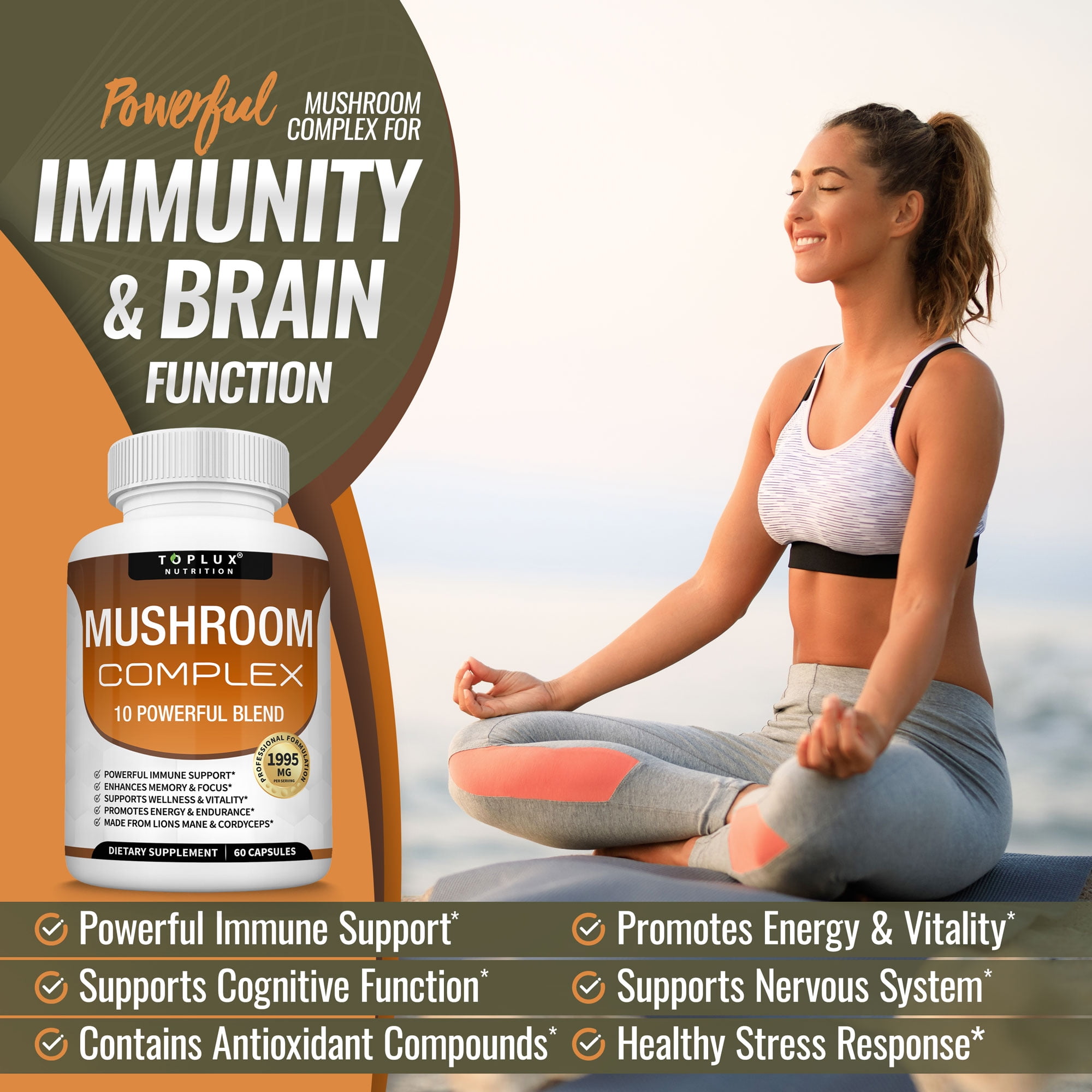 Toplux Mushroom Complex with Lion's Mane, Cordyceps, Reishi Nootropic - 60 Capsules (2 Pack)