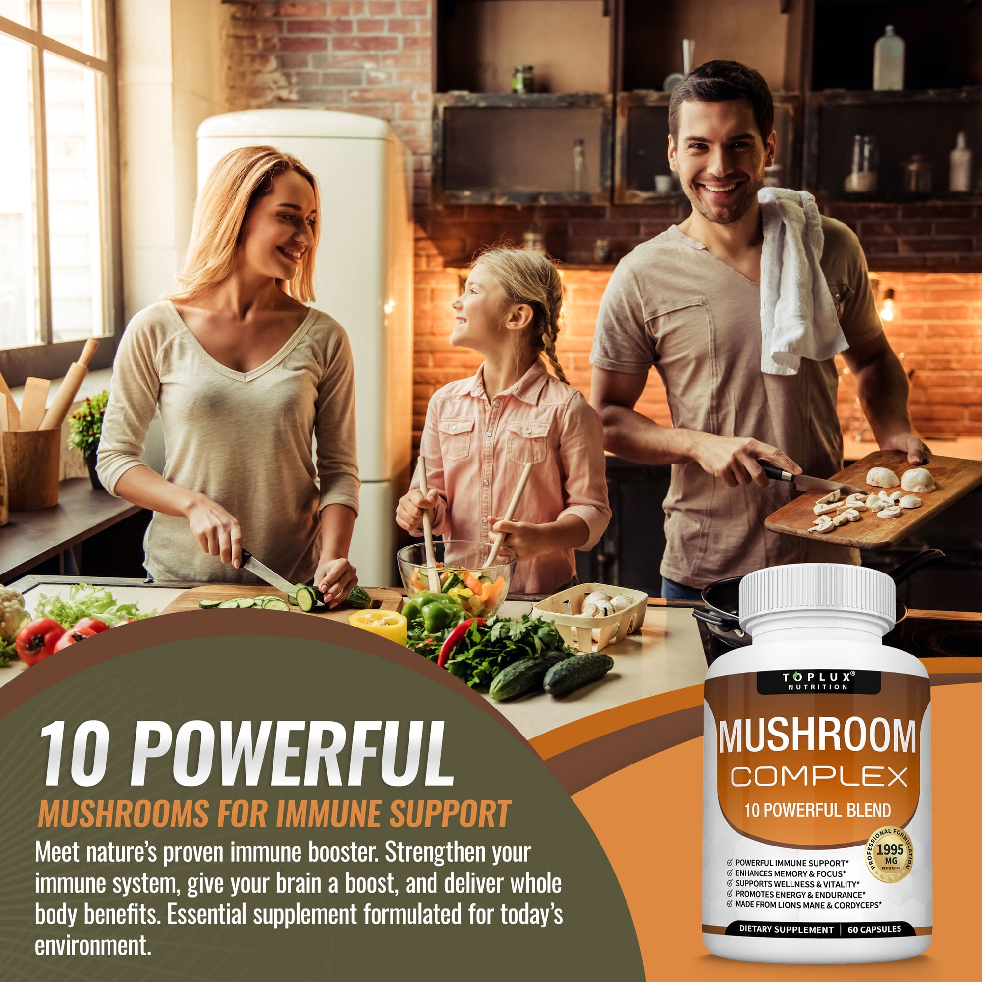 Toplux Mushroom Complex with Lion's Mane, Cordyceps, Reishi Nootropic - 60 Capsules (2 Pack)