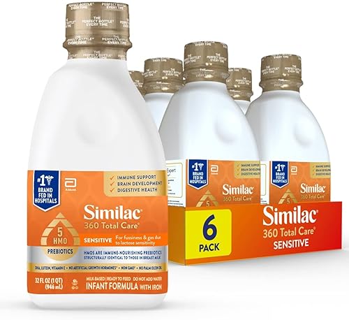 Similac 360 Total Care Sensitive Inf. Formula, 5 HMO Prebiotics, Non-GMO, Ready-to-Feed, 32 fl-oz, 6-Pack