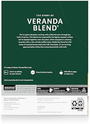 Starbucks Blonde Roast Veranda Blend K-Cup Coffee Pods, 100% Arabica, 96 Pods
