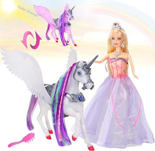 MEGAFUN Color Change Unicorn Toy Set with Princess Doll - Rainbow Hair, Saddle, Wings | Gift for Girls