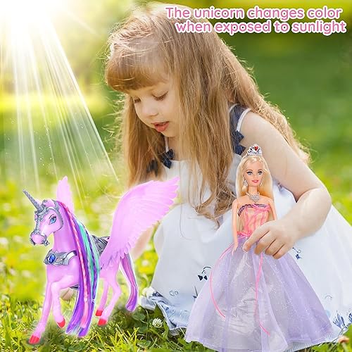 MEGAFUN Color Change Unicorn Toy Set with Princess Doll - Rainbow Hair, Saddle, Wings | Gift for Girls