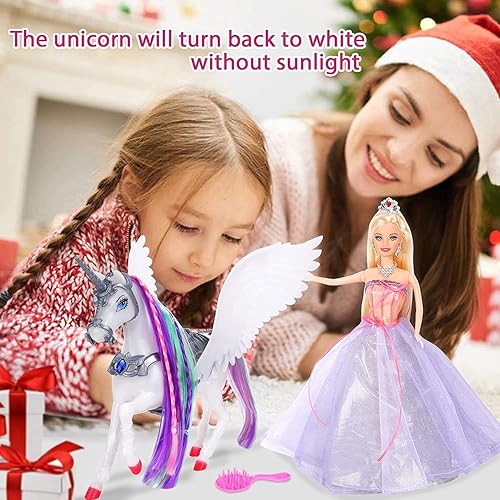 MEGAFUN Color Change Unicorn Toy Set with Princess Doll - Rainbow Hair, Saddle, Wings | Gift for Girls
