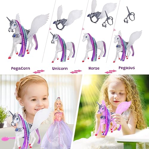 MEGAFUN Color Change Unicorn Toy Set with Princess Doll - Rainbow Hair, Saddle, Wings | Gift for Girls