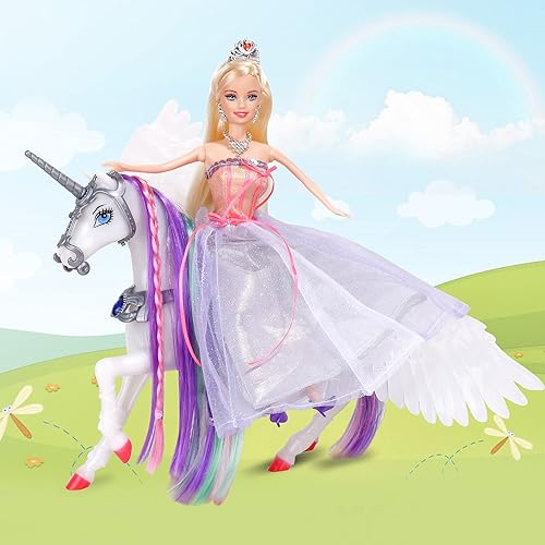 MEGAFUN Color Change Unicorn Toy Set with Princess Doll - Rainbow Hair, Saddle, Wings | Gift for Girls