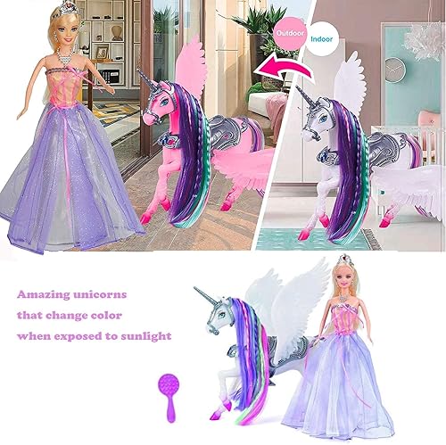 MEGAFUN Color Change Unicorn Toy Set with Princess Doll - Rainbow Hair, Saddle, Wings | Gift for Girls