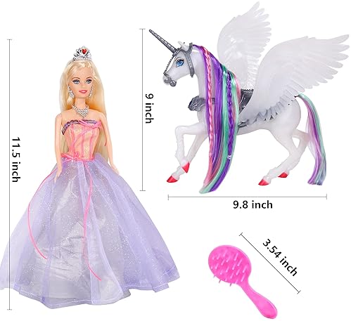 MEGAFUN Color Change Unicorn Toy Set with Princess Doll - Rainbow Hair, Saddle, Wings | Gift for Girls