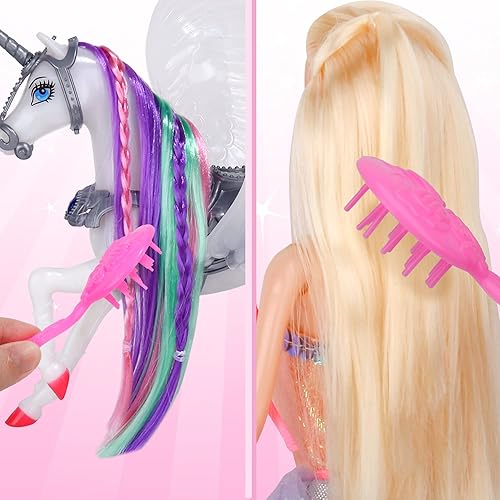 MEGAFUN Color Change Unicorn Toy Set with Princess Doll - Rainbow Hair, Saddle, Wings | Gift for Girls