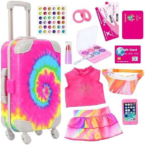 K.T FANCY 14-Piece American Doll Travel Set - Rainbow Tie-Dye Suitcase with Accessories for 18" Dolls - Gift for Girls