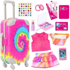 K.T FANCY 14-Piece American Doll Travel Set - Rainbow Tie-Dye Suitcase with Accessories for 18" Dolls - Gift for Girls