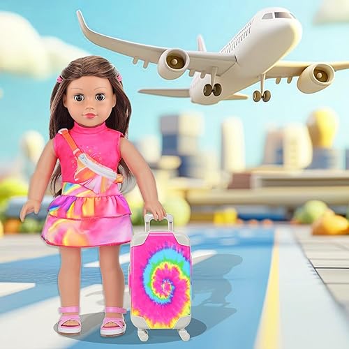 K.T FANCY 14-Piece American Doll Travel Set - Rainbow Tie-Dye Suitcase with Accessories for 18" Dolls - Gift for Girls