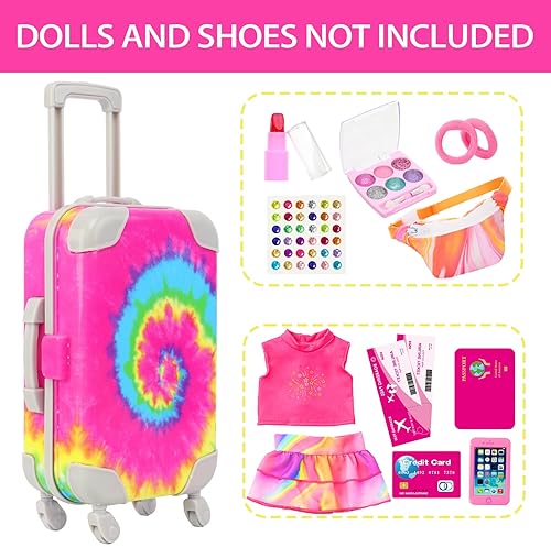 K.T FANCY 14-Piece American Doll Travel Set - Rainbow Tie-Dye Suitcase with Accessories for 18" Dolls - Gift for Girls
