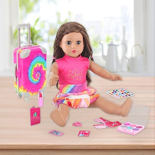K.T FANCY 14-Piece American Doll Travel Set - Rainbow Tie-Dye Suitcase with Accessories for 18" Dolls - Gift for Girls