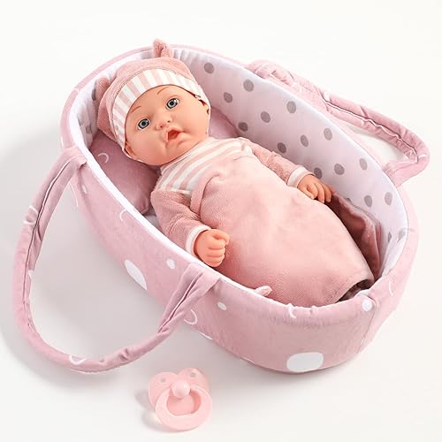 Baby Doll Playset with Washable Accessories - Carrier, Bassinet, Pacifier, Blanket, Pillow - First Dolls for Toddlers 36 Months+
