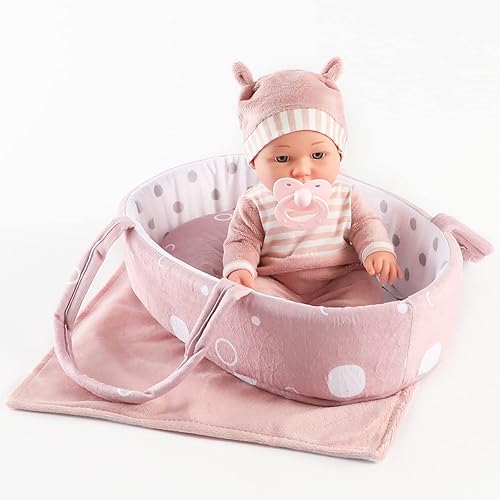 Baby Doll Playset with Washable Accessories - Carrier, Bassinet, Pacifier, Blanket, Pillow - First Dolls for Toddlers 36 Months+