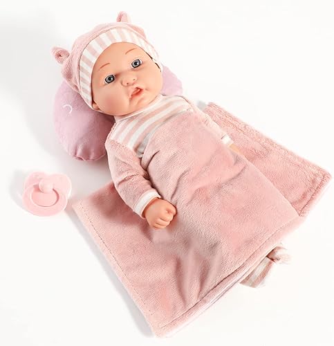 Baby Doll Playset with Washable Accessories - Carrier, Bassinet, Pacifier, Blanket, Pillow - First Dolls for Toddlers 36 Months+