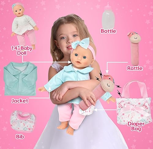 Baby Doll Set with Accessories for Toddlers Ages 2-5 14 Inch Soft Body