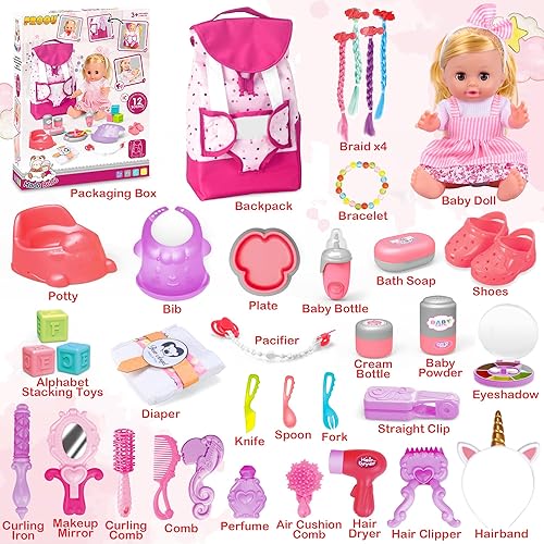 PROOU 36-Piece Baby Care Doll Toy Set with Hair Salon Accessories - Ideal Xmas Gift for Girls 3-6+ Years