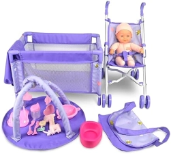 ANIVIA 5-Piece Baby Doll Stroller Set with Accessories - Nursery Role Play Set (11" Doll Included)