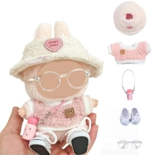 Generic 5-Piece 17cm Doll Clothes Set with Accessories - Pink Velvet Hat, Camera, Glasses, Shoes