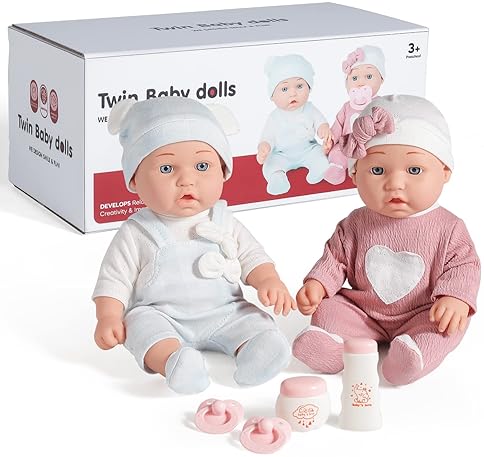 Baby Doll Playset with Accessories - Boy and Girl Dolls, Powder Bottles, Pacifiers - Ideal Gift for Kids 3+