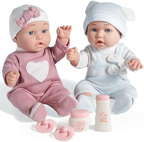 Baby Doll Playset with Accessories - Boy and Girl Dolls, Powder Bottles, Pacifiers - Ideal Gift for Kids 3+