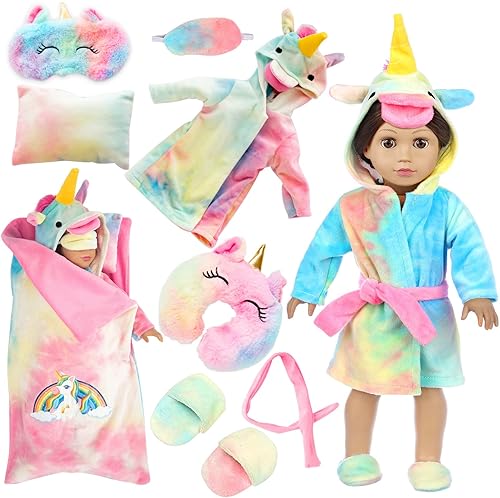 RAINBOW UNICORN DOLL CLOTHES SET WITH SLEEPING BAG - 18 INCH DOLL COSTUME AND ACCESSORIES FOR SLUMBER PARTY"