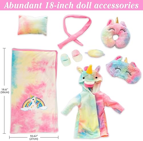 RAINBOW UNICORN DOLL CLOTHES SET WITH SLEEPING BAG - 18 INCH DOLL COSTUME AND ACCESSORIES FOR SLUMBER PARTY"