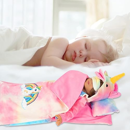 RAINBOW UNICORN DOLL CLOTHES SET WITH SLEEPING BAG - 18 INCH DOLL COSTUME AND ACCESSORIES FOR SLUMBER PARTY"