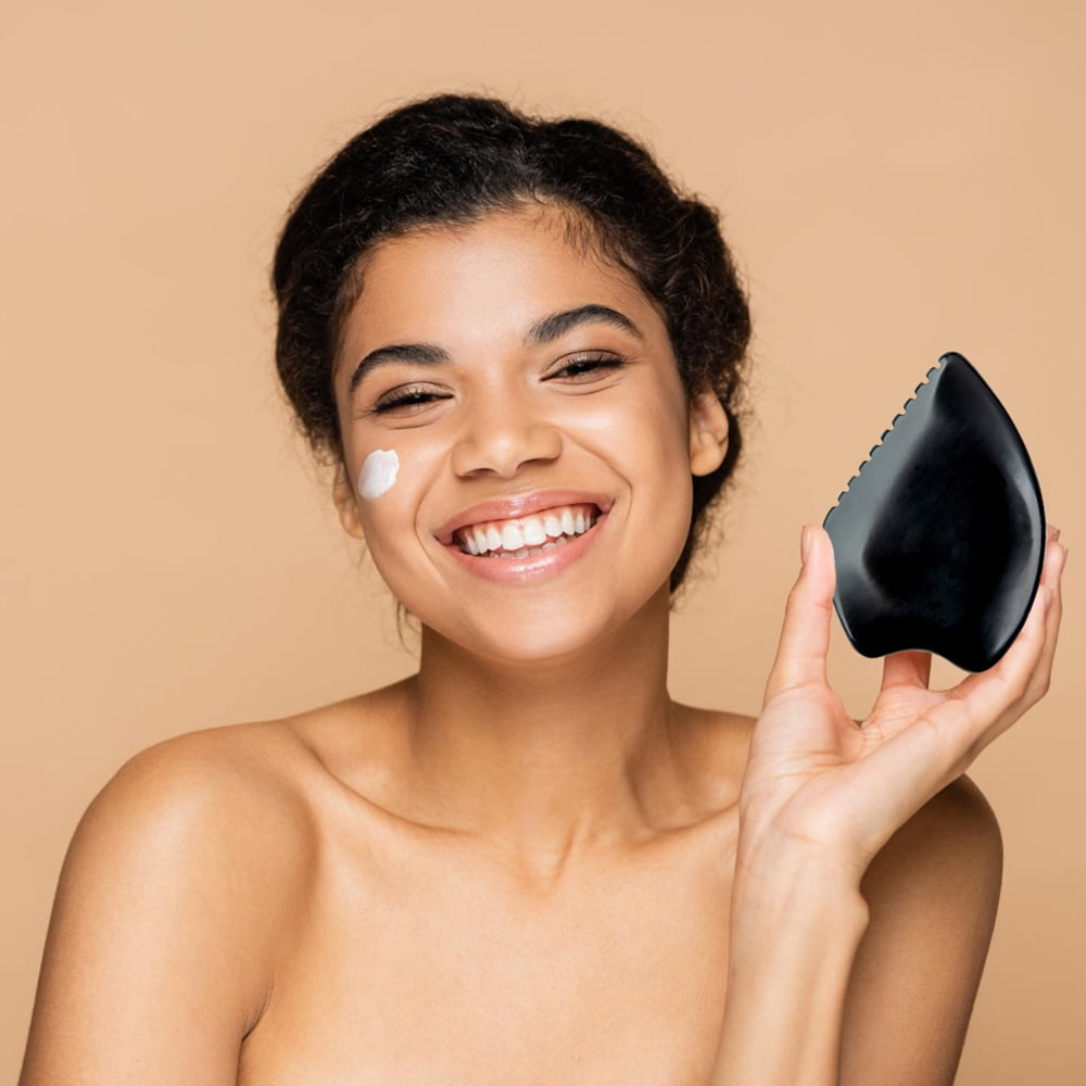 Seaside Brother Bian Stone Gua Sha Massage Tools Set - Traditional Black Scraper for Facial and Body
