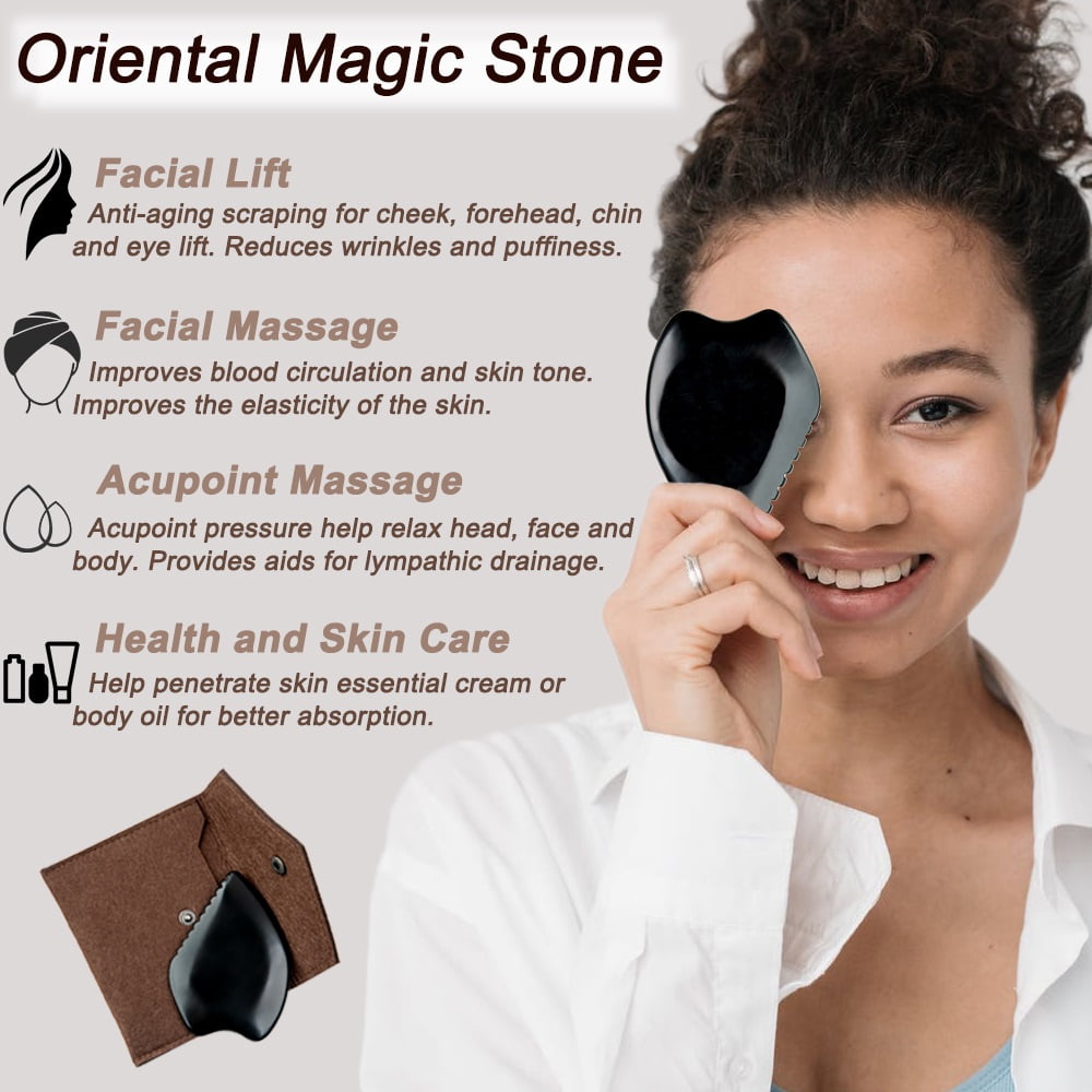 Seaside Brother Bian Stone Gua Sha Massage Tools Set - Traditional Black Scraper for Facial and Body