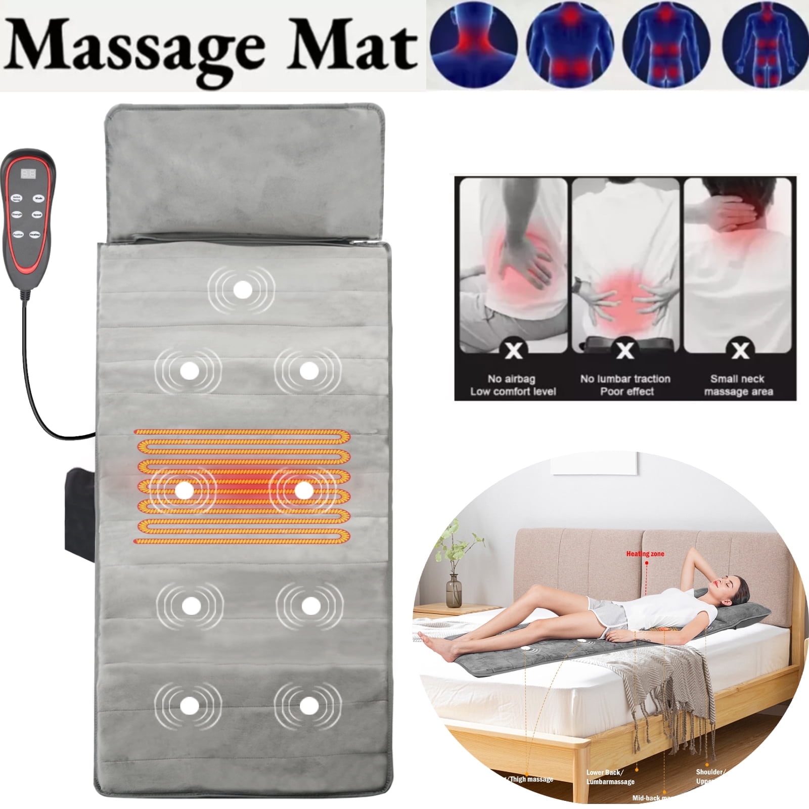Hinzonek Electric Full Body Massage Mat with Far Infrared Heat & Vibration - 9 Motors
