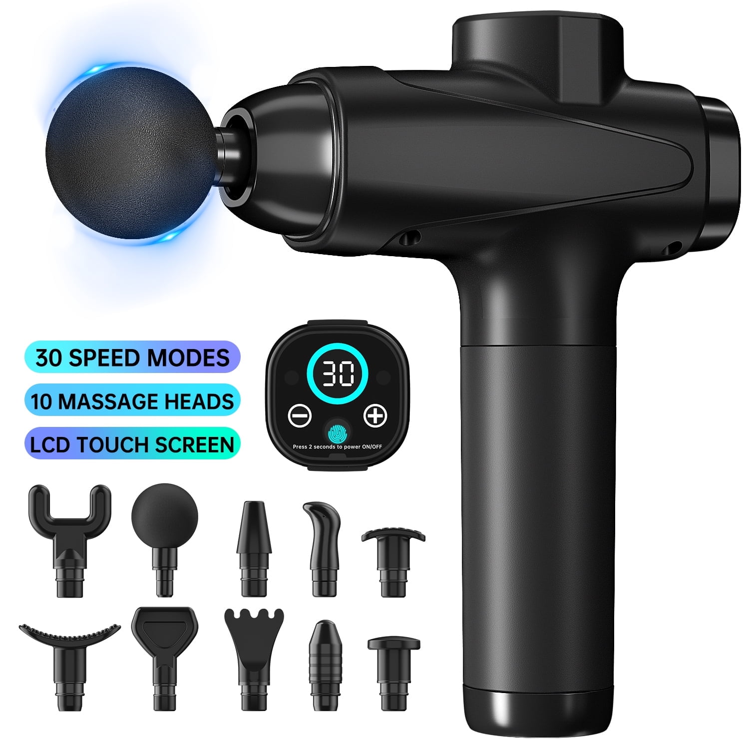 CSHIDWORLD POWERFUL DEEP TISSUE MASSAGE GUN WITH 10 HEADS, 30 SPEEDS, LED SCREEN - BLACK