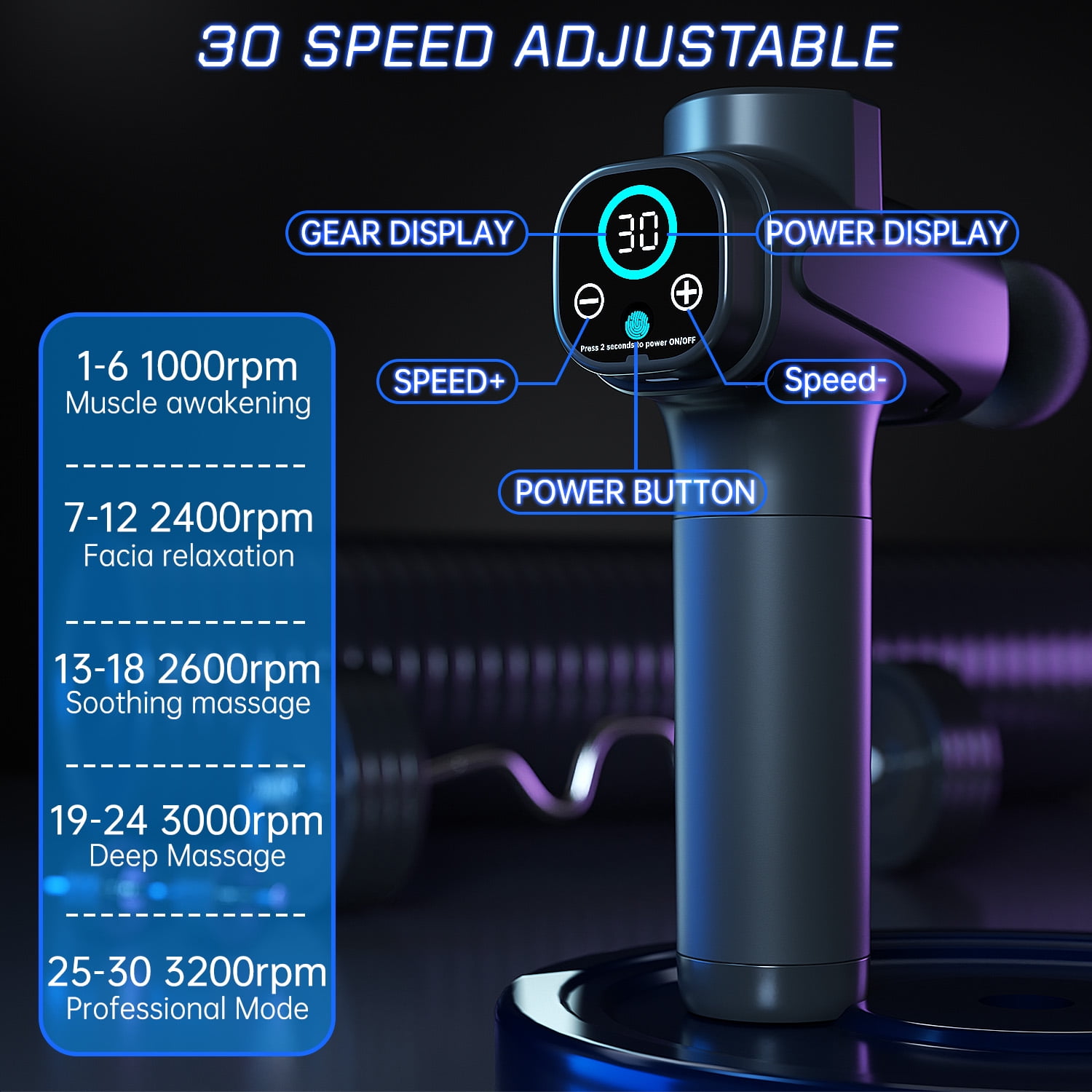 CSHIDWORLD POWERFUL DEEP TISSUE MASSAGE GUN WITH 10 HEADS, 30 SPEEDS, LED SCREEN - BLACK