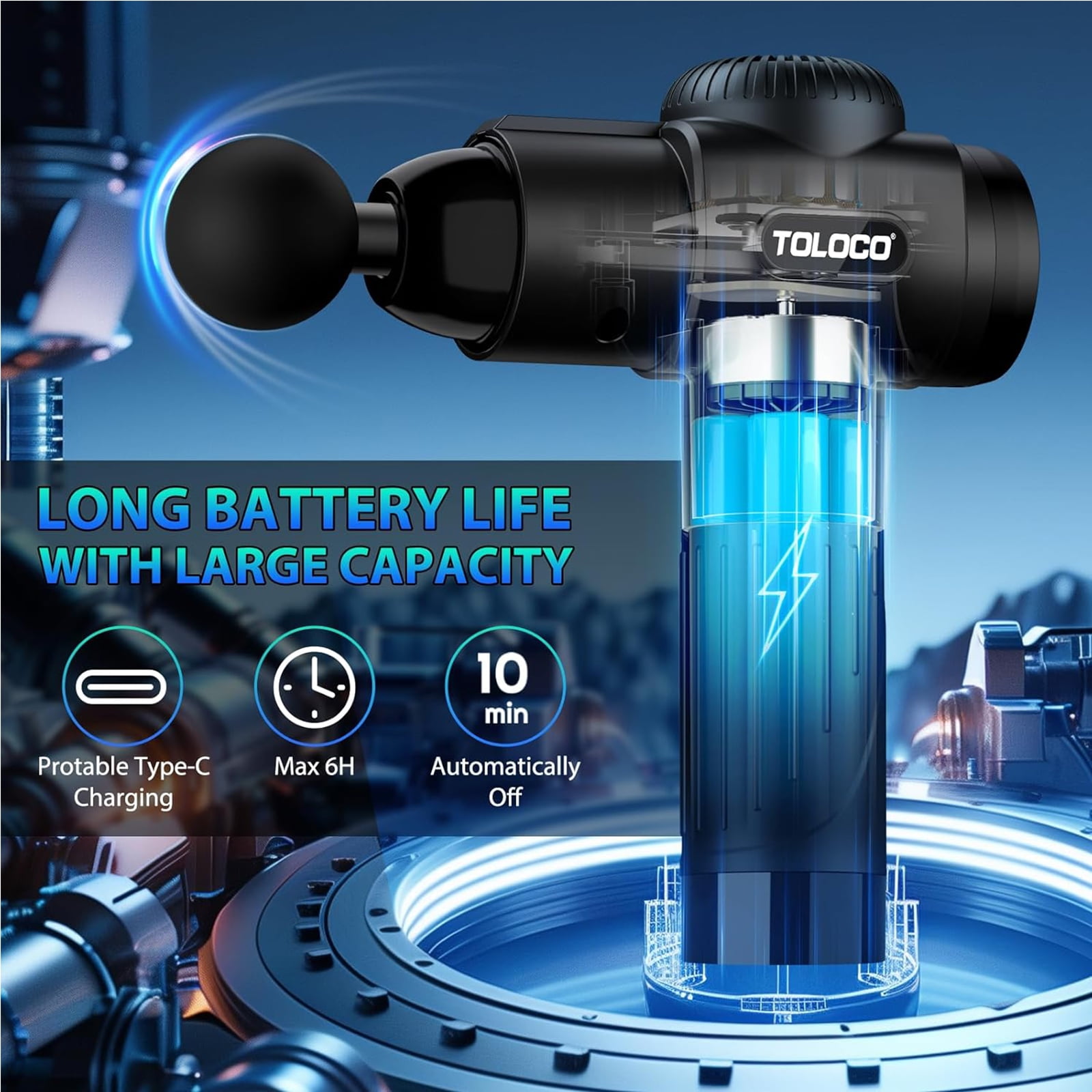 TOLOCO Massage Gun for Athletes - Deep Tissue Pain Relief with 10 Heads, Silent Motor - Black