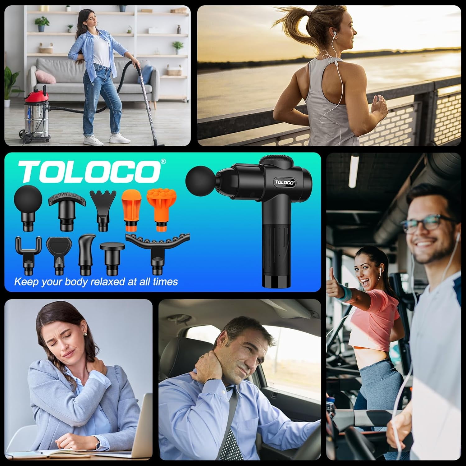TOLOCO Massage Gun for Athletes - Deep Tissue Pain Relief with 10 Heads, Silent Motor - Black