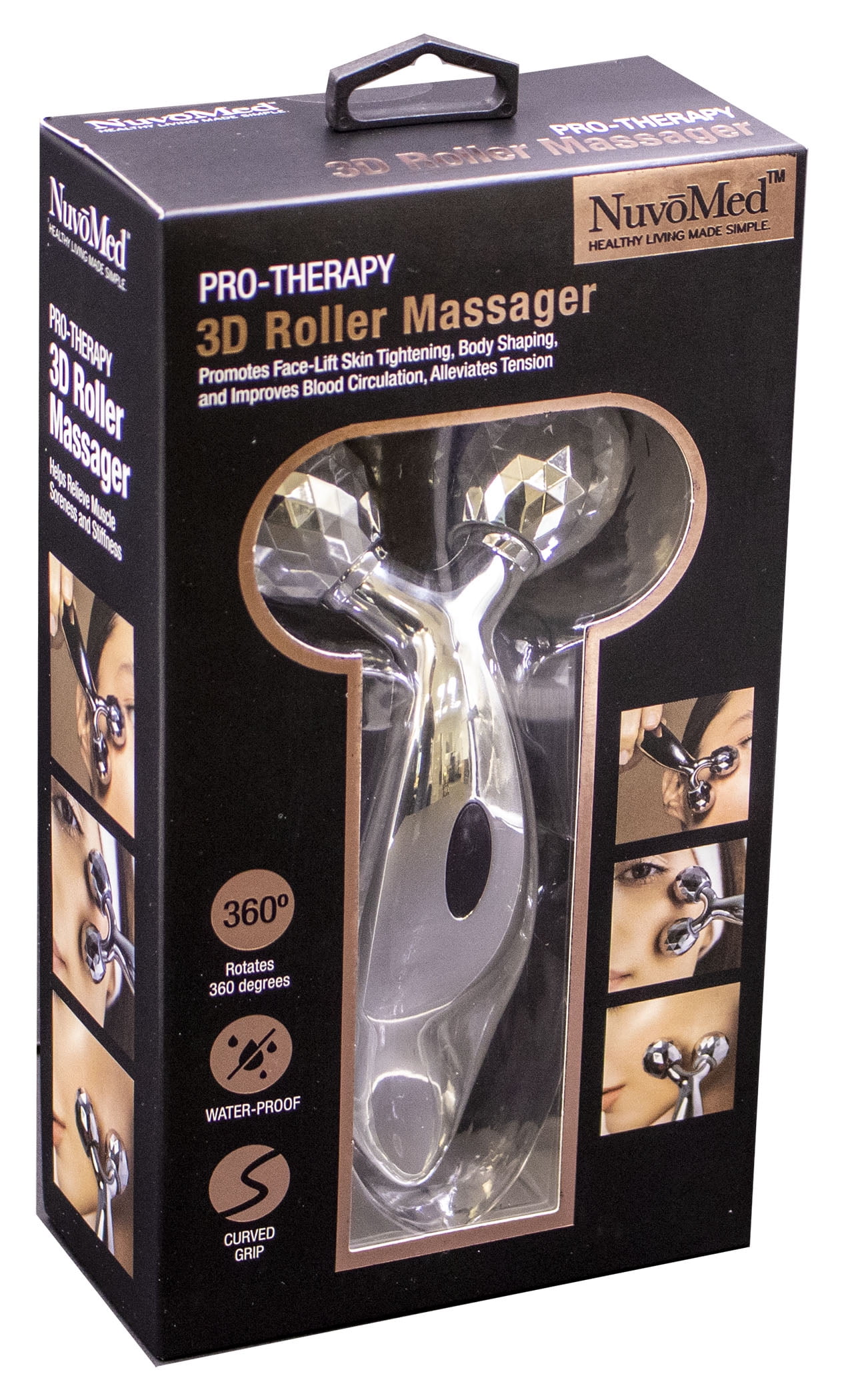 NuvoMed Pro-Therapy 3D Roller Massager, Rotates 360 Degrees, Water-Proof, Curved Grip, for Anti Agin