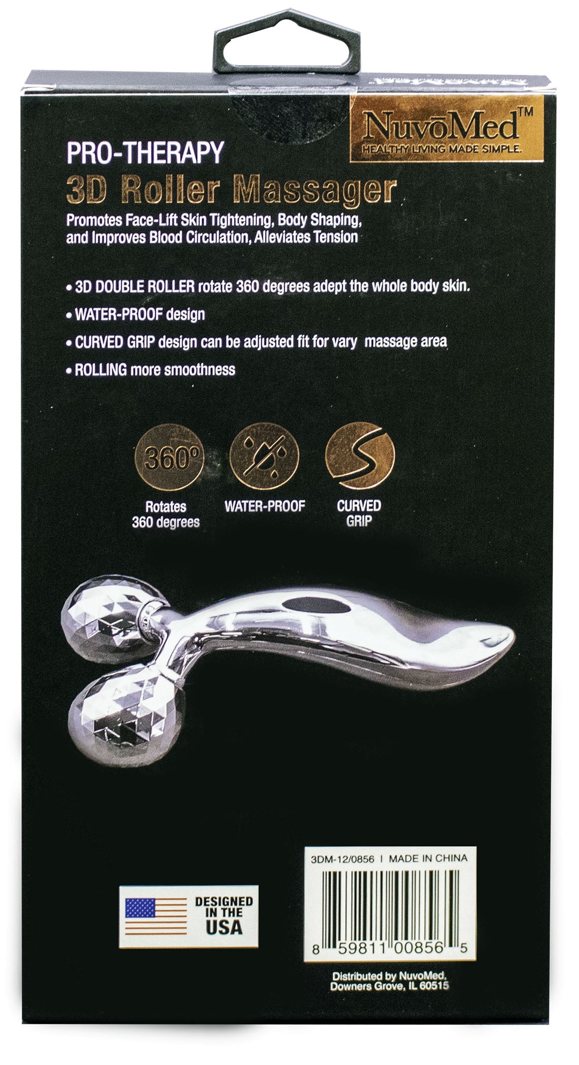 NuvoMed Pro-Therapy 3D Roller Massager, Rotates 360 Degrees, Water-Proof, Curved Grip, for Anti Agin