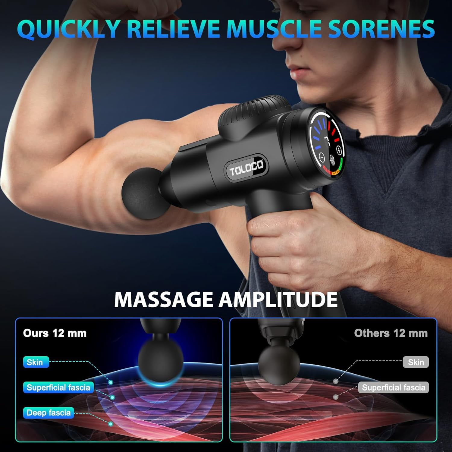 TOLOCO Deep Tissue Massage Gun for Athletes, Pain Relief, 10 Heads, Silent Motor - Black