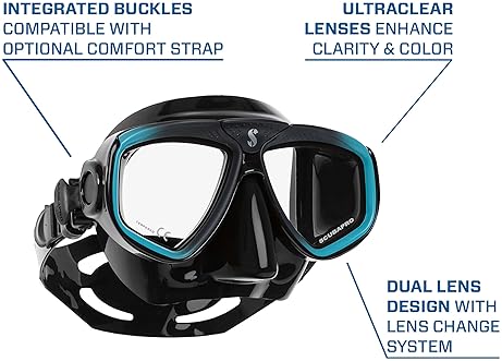 Scubapro Zoom Scuba Mask with Ultra Clear Dual Lens and Lens-Change System for Diving - Black/Turquoise"