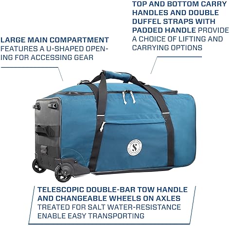 Scubapro Sport 105 Wheeled Dive Bag - Denim Blue, Telescopic Handle, Duffel Straps