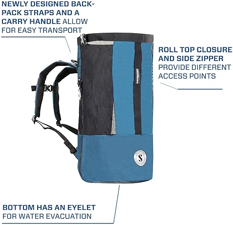 Scubapro Sport 65 Mesh Dive Bag for Snorkeling and Scuba Diving in Denim Blue - Roll Top Closure & Side Zipper